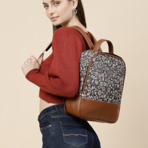 Anouk Tan Brown Floral Printed Ergonomic College Backpack