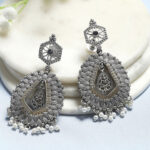 Biba Artificial Stones Studded & Beaded Teardrop Shaped Oxidised Drop Earrings