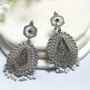 Biba Artificial Stones Studded & Beaded Teardrop Shaped Oxidised Drop Earrings