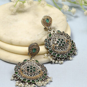 Biba Brass-Plated Contemporary Artificial Stones Studded and Beaded Drop Earrings