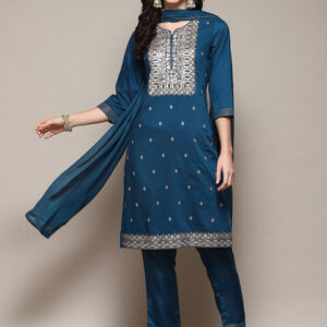 Biba Ethnic Motifs Embroidered Sequinned Detailed Straight Kurta & Trousers with Dupatta
