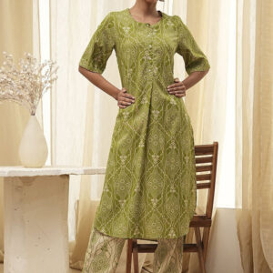 Biba Ethnic Motifs Printed Round Neck Straight Kurta With Trousers