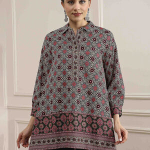 Biba Floral Printed Mandarin Collar Straight Kurti