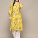 Biba Floral Printed Notch Neck Cotton Straight Kurta