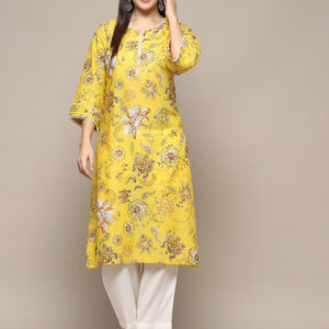 Biba Floral Printed Notch Neck Cotton Straight Kurta