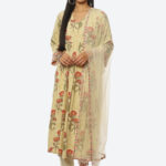 Biba Floral Printed Pleated Kurta with Trousers & With Dupatta