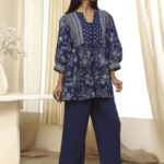 Biba Floral Printed V-Neck Pure Cotton Top With Palazzo