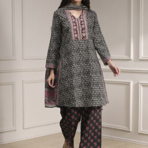 Biba Geometric Printed V-Neck Pure Cotton Kurta With Trousers & Dupatta