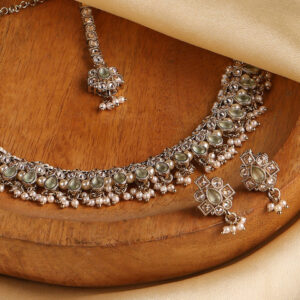 Biba Gold-Plated Stone Studded & Beaded Necklace and Earrings