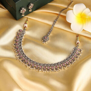 Biba Gold-Plated Stone Studded & Beaded Necklace and Earrings