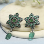 Biba Silver-Plated Artificial Stones And Beads Beaded Floral Shaped Drop Earrings