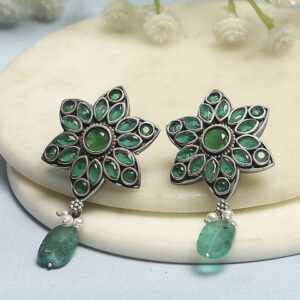 Biba Silver-Plated Artificial Stones And Beads Beaded Floral Shaped Drop Earrings