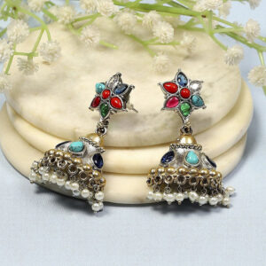 Biba Silver Plated Artificial Stones and Beads Studded Dome Shaped Jhumkas Earrings