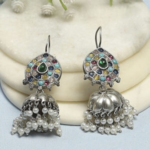 Biba Silver-Plated Artificial Stones Studded & Beaded Dome Shaped Jhumkas