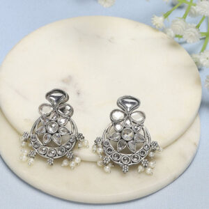 Biba Silver-Plated Contemporary Stone Studded & Beaded Drop Earrings