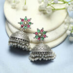 Biba Silver Plated Stone Studded & Beaded Beaded Dome Shaped Jhumkas