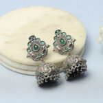 Biba Stone Studded & Beaded Dome Shaped Oxidised Jhumkas