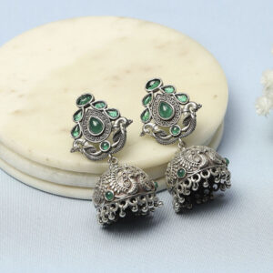 Biba Stone Studded & Beaded Dome Shaped Oxidised Jhumkas