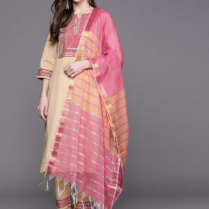 Biba Women Beige & Pink Solid Kurta with Trousers & Dupatta