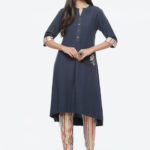 Biba Women Navy Blue & Beige Kurta with Trousers