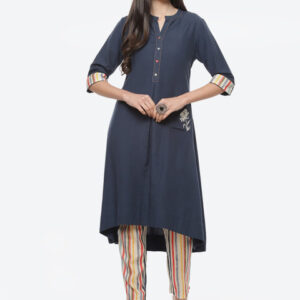 Biba Women Navy Blue & Beige Kurta with Trousers