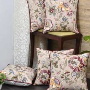 Clasiko Beige Floral Cotton Lightweight 5 Piece Square Cushion Covers - 16 x 16 Inches