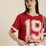 DILLINGER Women Red & Beige Varsity Printed Pure Cotton Oversized T-shirt