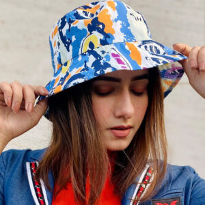 Hair Drama Co. Women Abstract Print Blue & White Cotton Bucket Hat