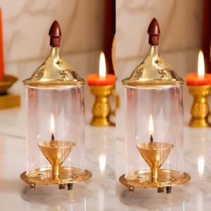 Heaven Decor 2Pcs Yellow & Transparent Textured Glass Pooja Akhand Diyas