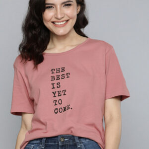 HERENOW Women Pink Black Typography Printed Pure Cotton T-shirt