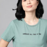 M&H Easy Women Blue & Black Typography Printed Cropped T-shirt