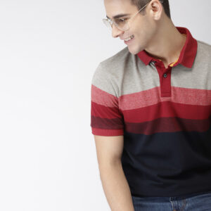 Mast & Harbour Men Navy Blue, Red & Grey Colourblocked Polo Collar T-shirt
