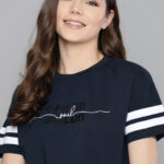 Mast & Harbour Women Navy Pure Cotton Relaxed Fit Printed Round Neck Pure Cotton T-shirt