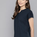 Mast & Harbour Women Navy Pure Cotton Relaxed Fit Solid Round Neck Pure Cotton T-shirt