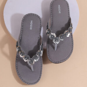 Mochi Womens Grey Floral Embellished T-Strap Slip-On Heel