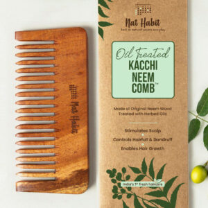 Nat Habit Kacchi Neem Wide Wooden Tooth Comb - Soaked in 17 Herbs & Oils for Hair Growth