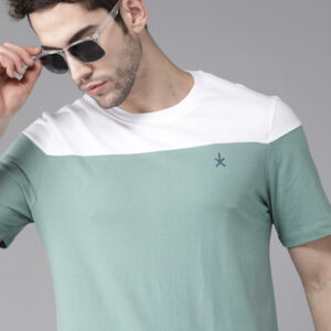 Roadster Men Green White Colourblocked Round Neck Pure Cotton T-shirt