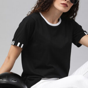 Roadster Women Black Solid Round Neck Cotton T-shirt with Sleeve Stripes