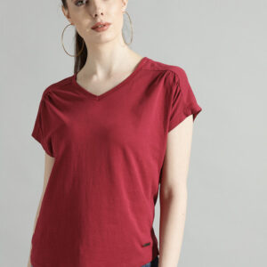 Roadster Women Red Gathered Cotton Relaxed Fit T-Shirt