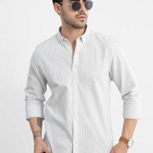Snitch White Classic Slim Fit Vertical Striped Cotton Casual Shirt