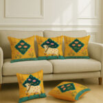 STITCHNEST Set of 5 Mustard & Green Ethnic Motifs 16'' x 16'' Cushion Cover