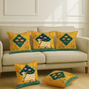 STITCHNEST Set of 5 Mustard & Green Ethnic Motifs 16'' x 16'' Cushion Cover