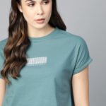 The Roadster Lifestyle Co Women Blue Solid Pure Cotton Extended Sleeves Pure Cotton T-shirt