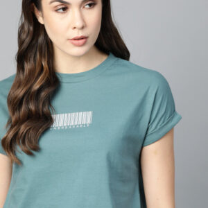 The Roadster Lifestyle Co Women Blue Solid Pure Cotton Extended Sleeves Pure Cotton T-shirt