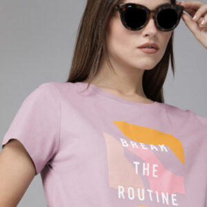 The Roadster Lifestyle Co Women Mauve & White Printed Cotton T-shirt