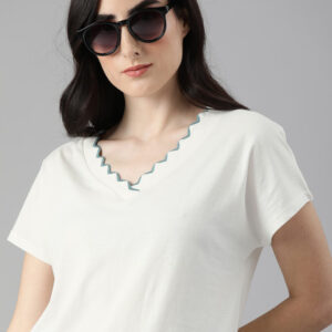 The Roadster Lifestyle Co Women White V-Neck Extended Sleeves Scalloped Tipping Pure Cotton T-shirt