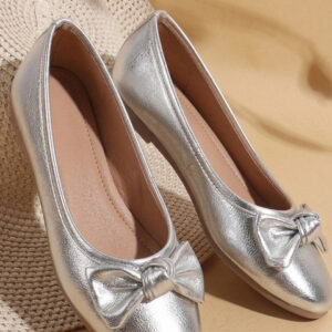 toothless Girls Silver Embellished Bow Detail Cushioned Comfort Fit Lightweight Ballerinas