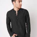 VASTRADO Striped Band Collar Thread Work Pure Cotton Straight Kurta