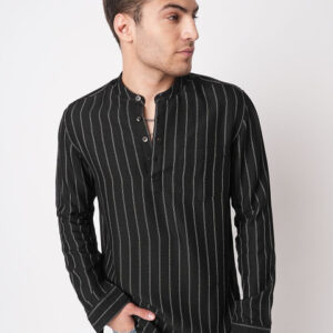 VASTRADO Striped Band Collar Thread Work Pure Cotton Straight Kurta